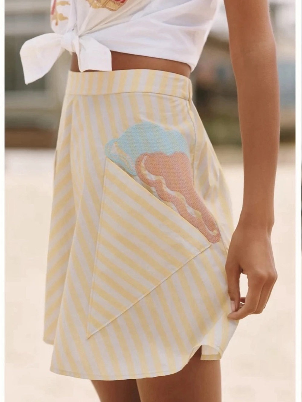 Anthropologie Yellow and White Striped Skirt with Embroidered Ice Cream Cone